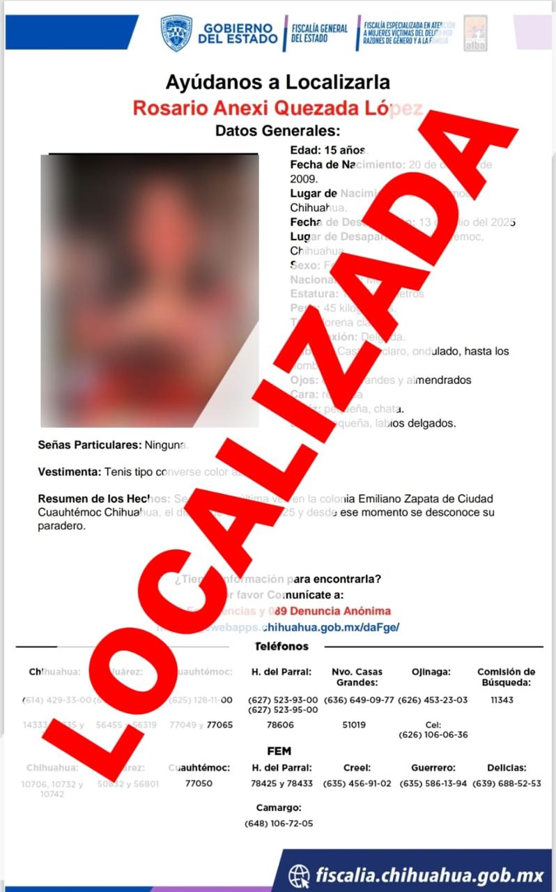 Localiza FEM en Delicias a adolescente que fue reportada ausente en Cuauhtémoc