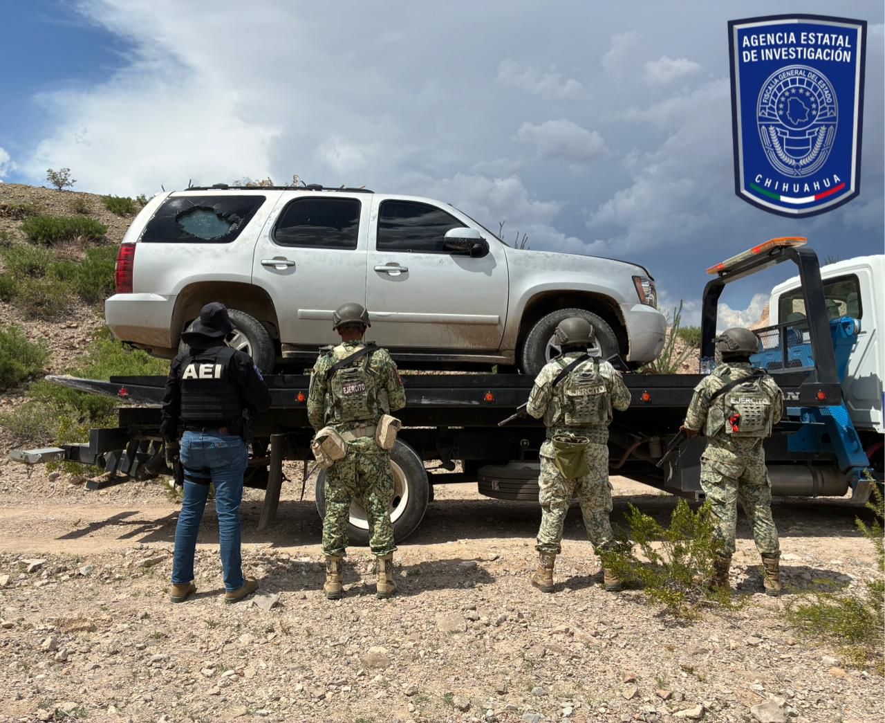 Aseguran AEI y DEFENSA vehículo Tahoe blindado en brecha de Ojinaga
