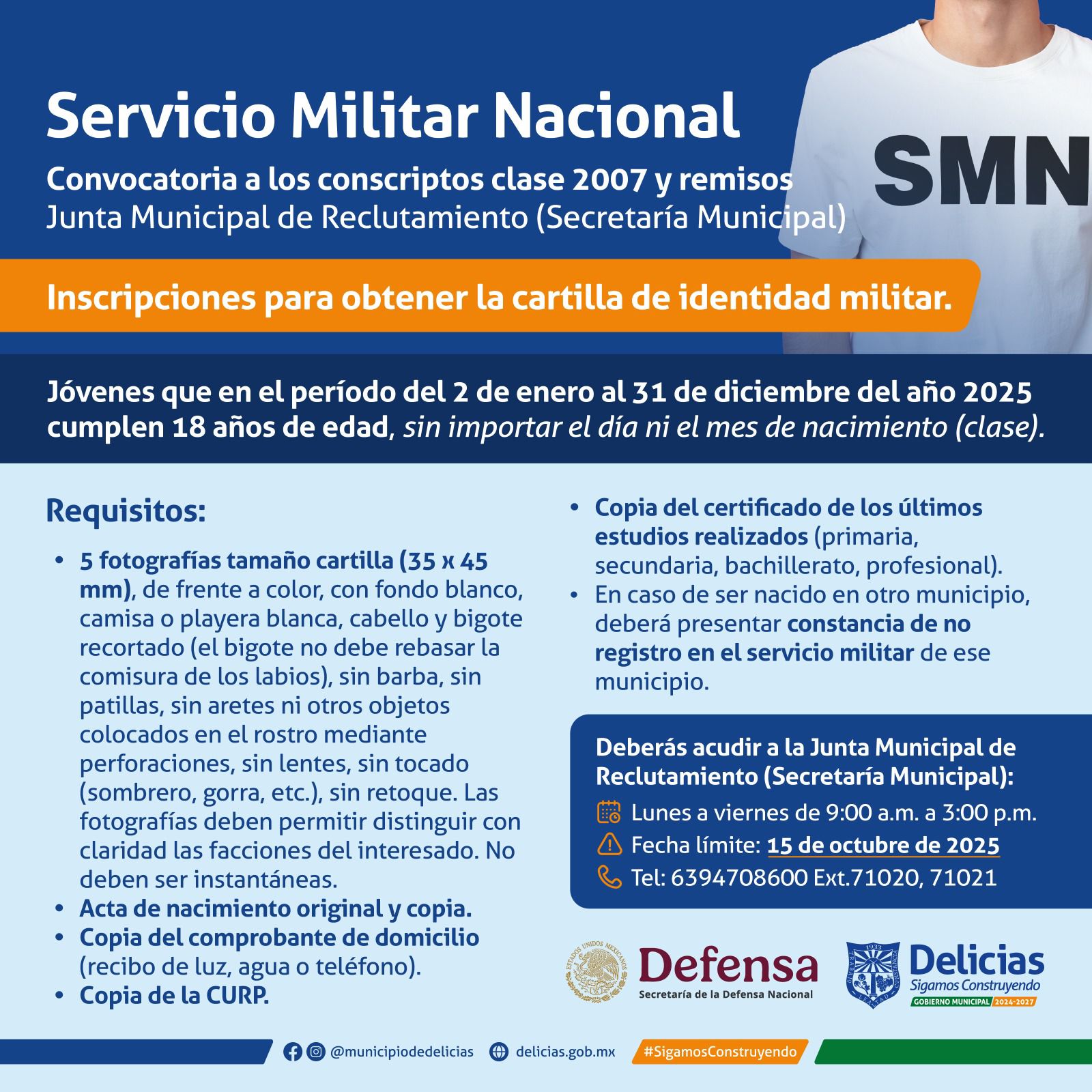 Invitan a jóvenes de la clase 2007 a tramitar su cartilla militar en Delicias
