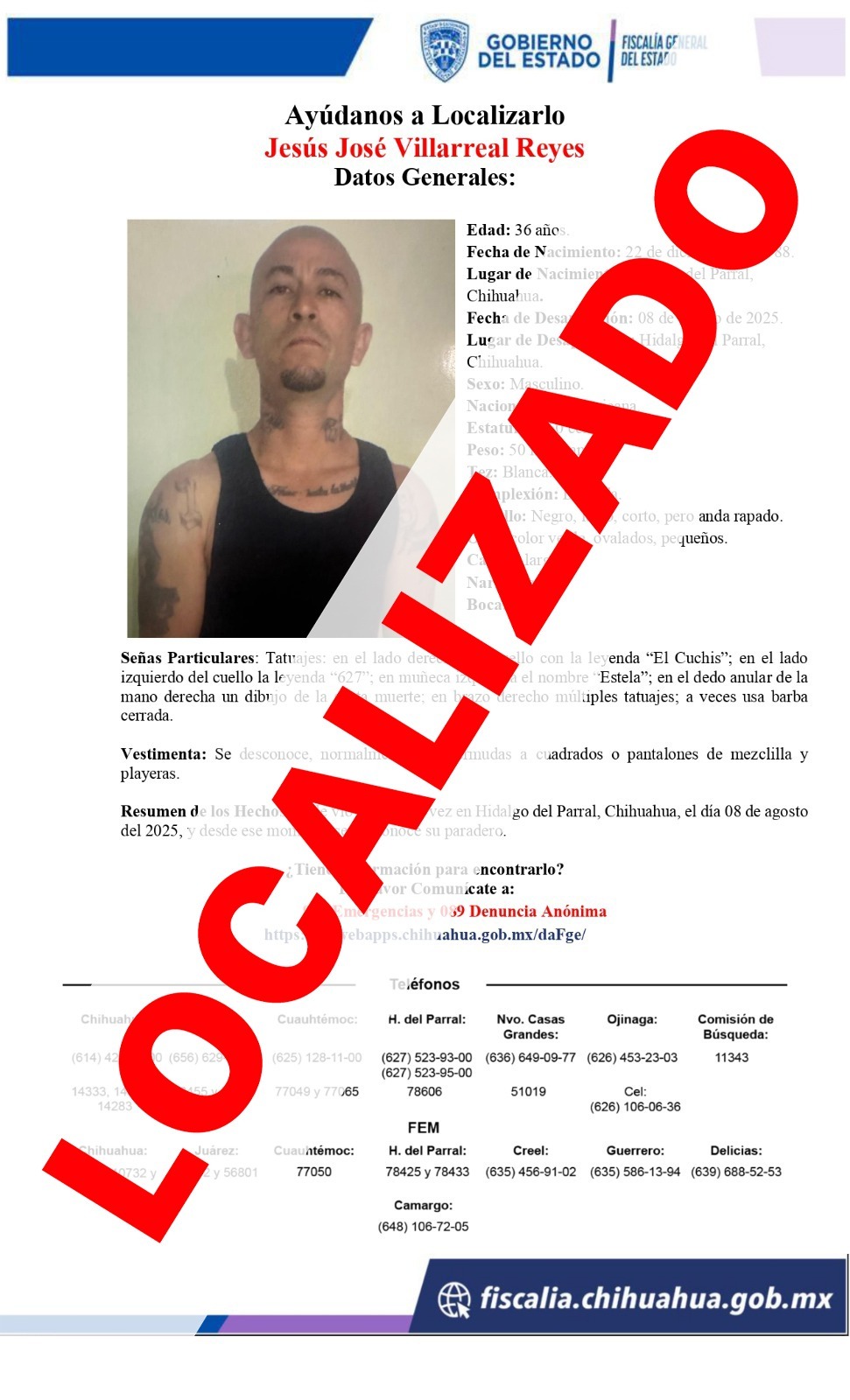 Localiza AEI a masculino que se fue a trabajar en Delicias sin avisar a su familia