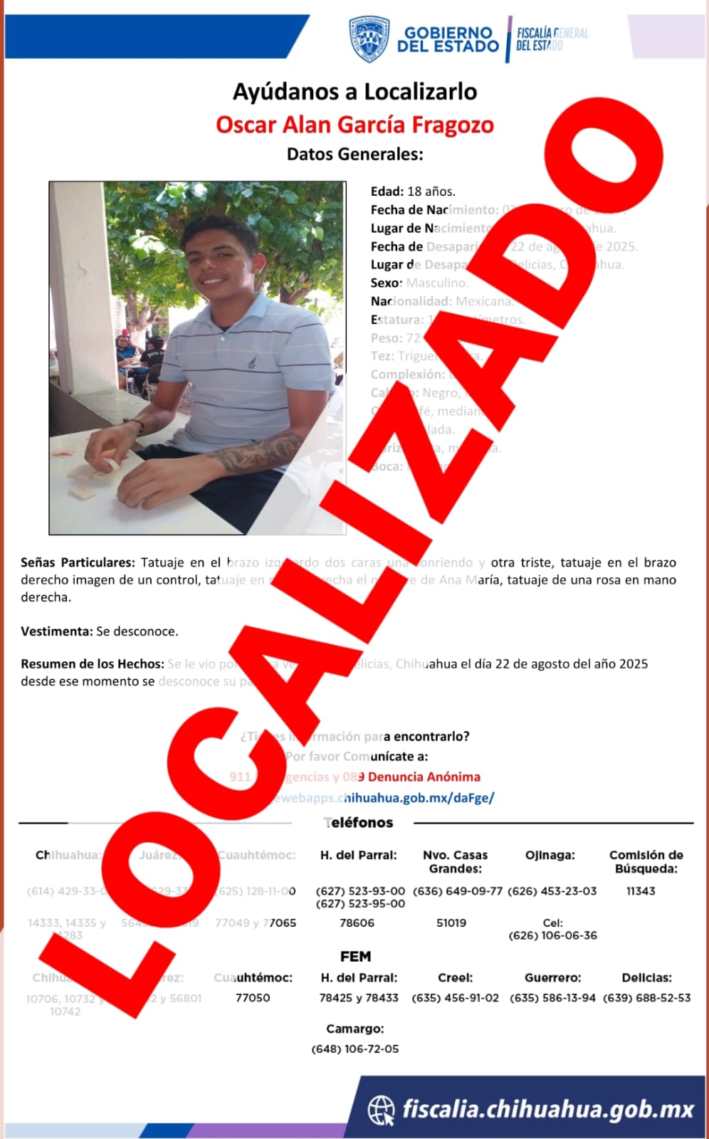 Localiza Fiscalía Centro a joven reportado ausente en Delicias