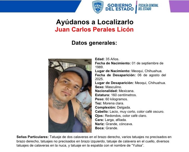 Fiscalía General del Estado solicita apoyo para localizar a Juan Carlos Perales Licón, desaparecido en Meoqui