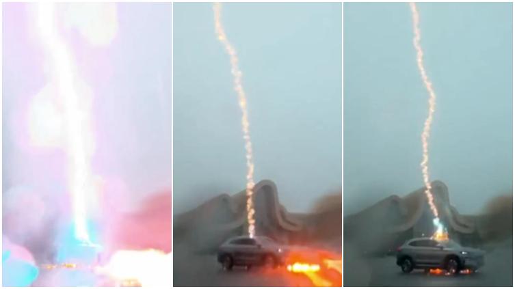 Instante en que rayo impacta a camioneta en movimiento