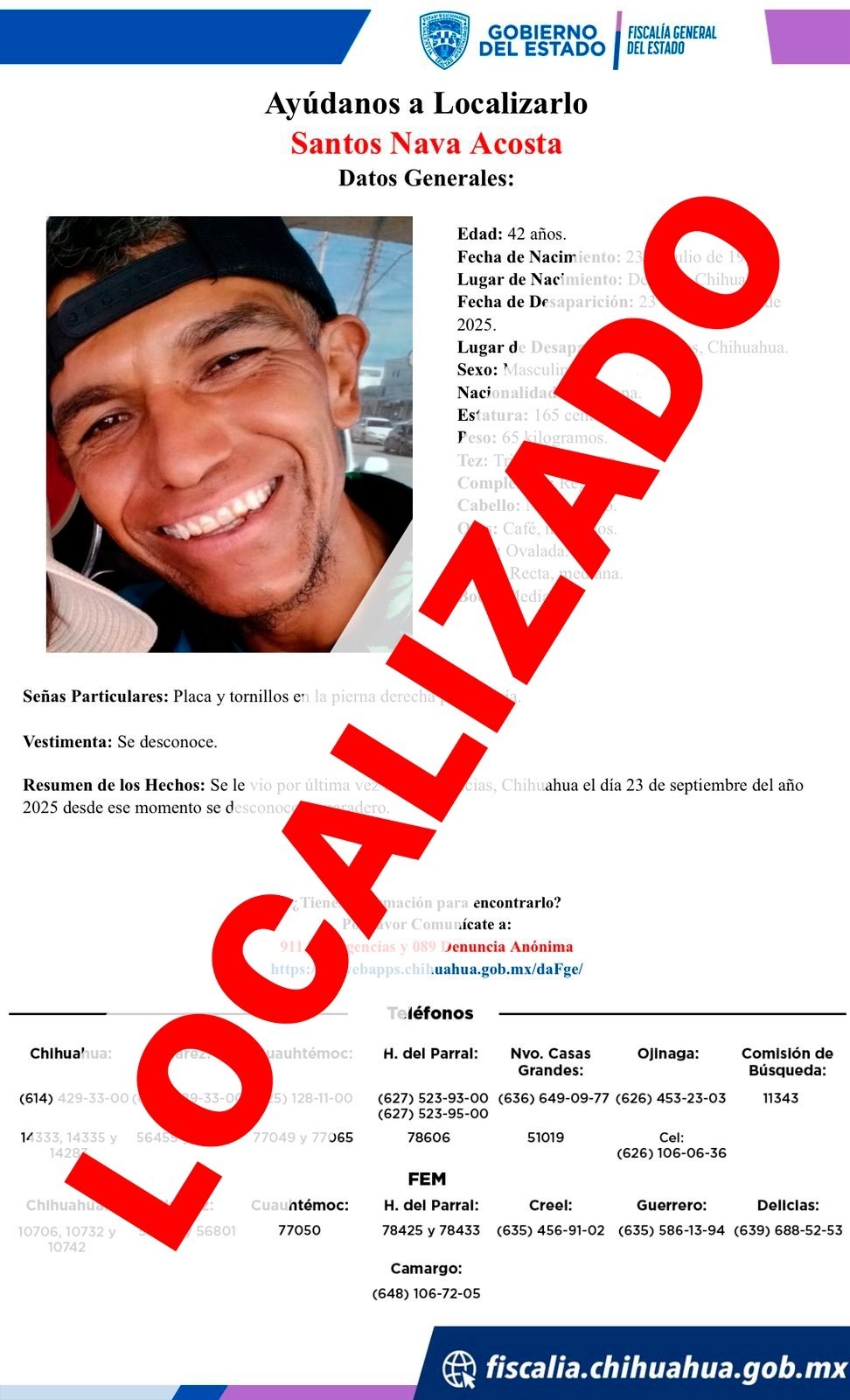 Localiza Fiscalía a hombre reportado ausente en ciudad Delicias