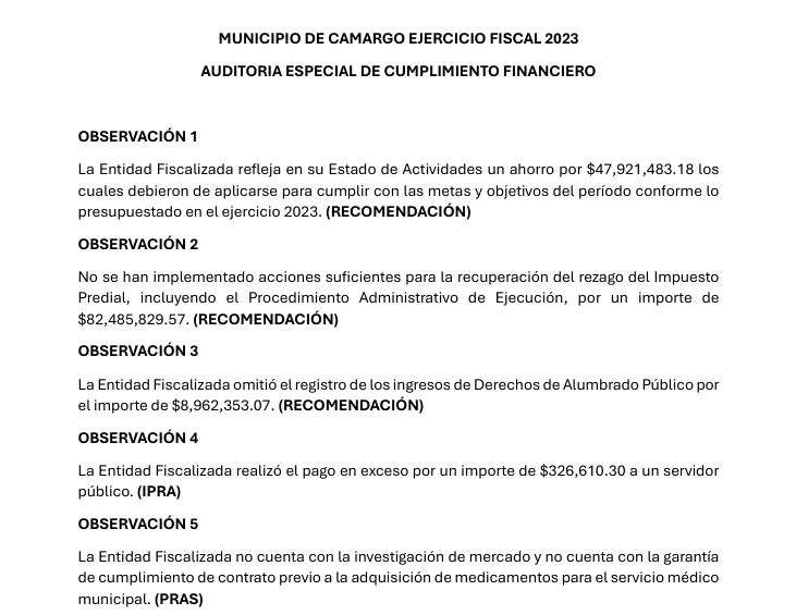 Detecta Auditoría anomalías financieras por más de 82 mdp en Camargo