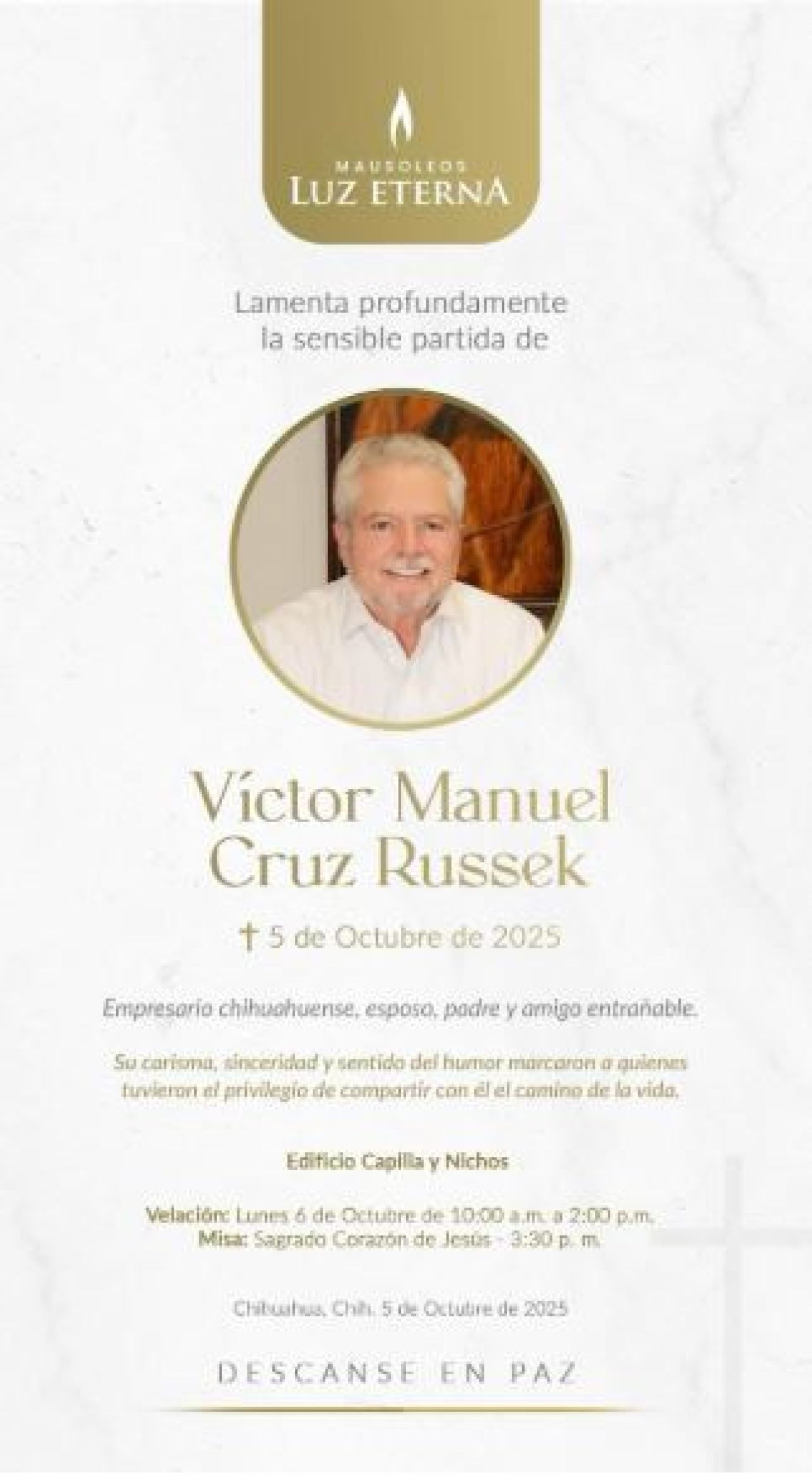 Darán el último adiós al empresario Víctor Cruz Russek en el Sagrado Corazón de Jesús