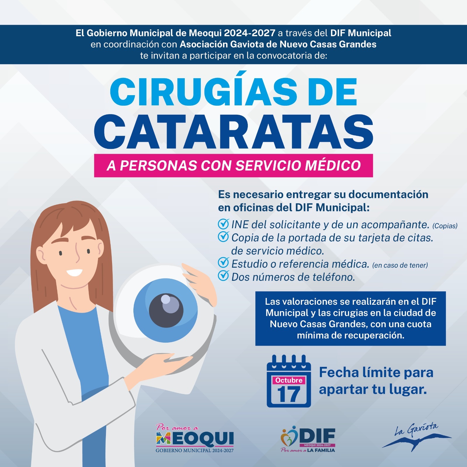 Abren en Meoqui convocatoria para cirugías de cataratas en coordinación con la A.C. La Gaviota de NCG