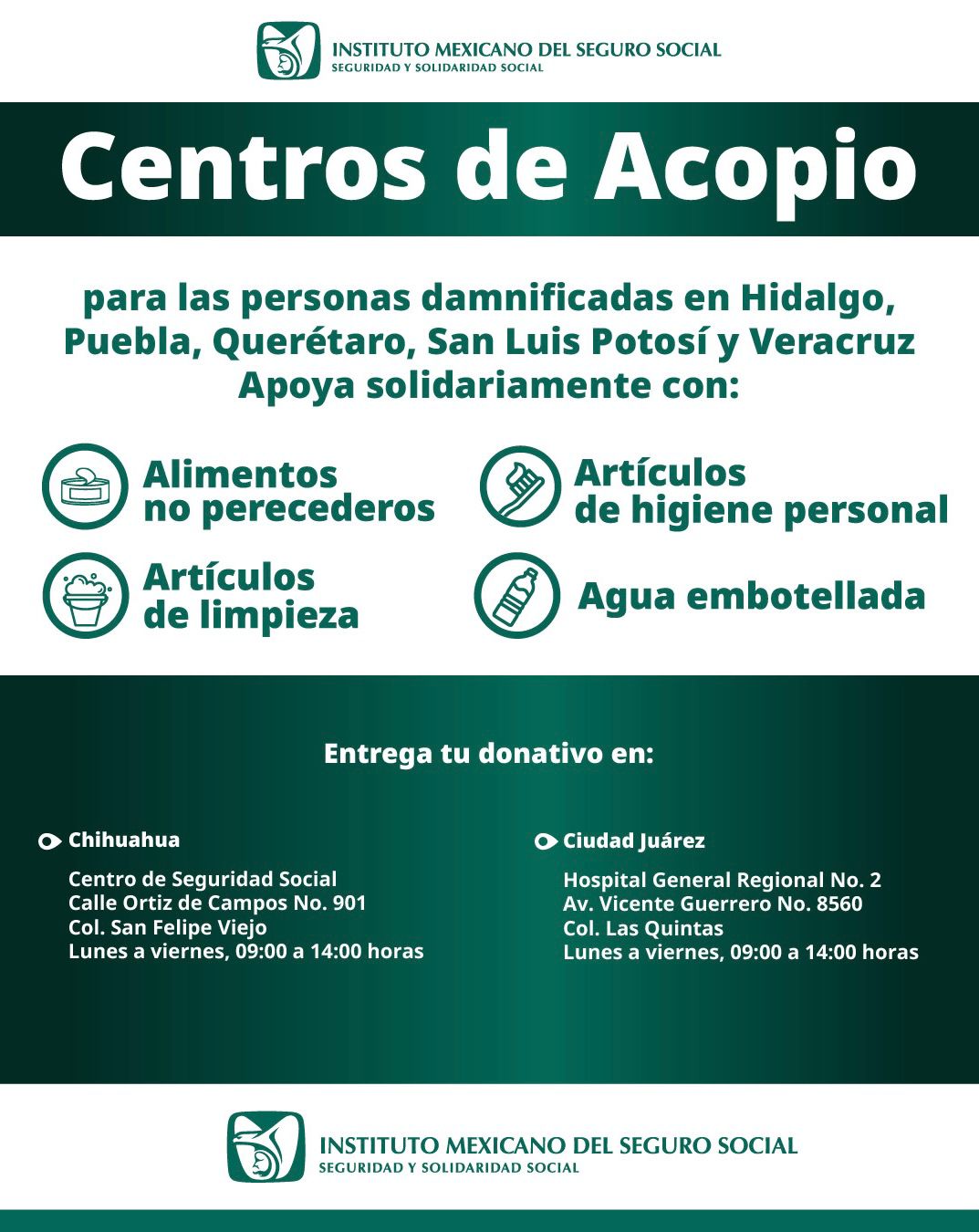 Instala IMSS Chihuahua Centros de Acopio en apoyo a personas damnificadas por lluvias intensas