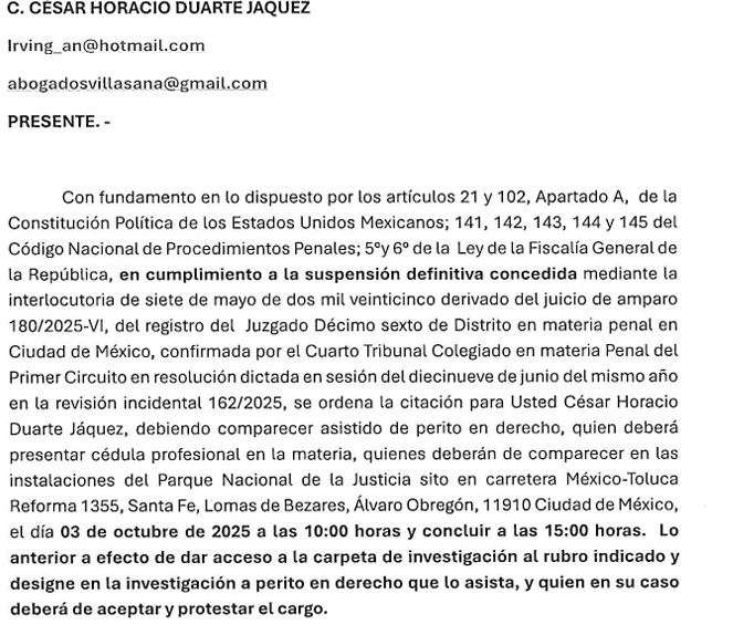 Cita FGR a Duarte en Cdmx para devolverle rancho por amparo ganado