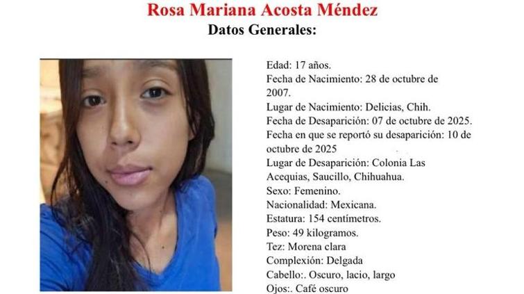 Buscan a Rosa Mariana Acosta de 17 años, desapareció en Saucillo