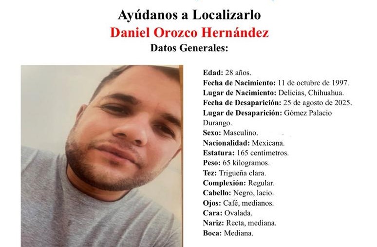 Fiscalía solicita apoyo para localizar a deliciense desaparecido en Gómez Palacio