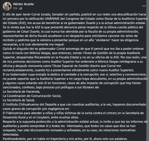 Me pidió Corral retirar sellos de una auditoría: Héctor Acosta