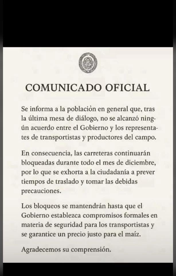 Productores endurecen protestas: anuncian bloqueos permanentes en carreteras durante todo diciembre