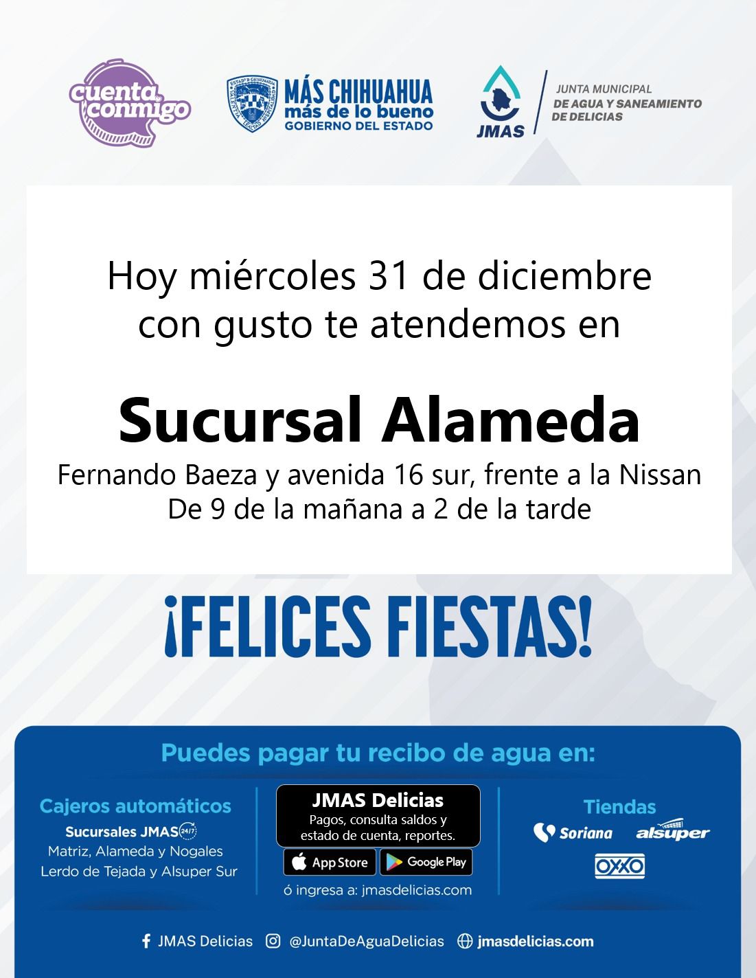 Miércoles 31 abrirán Sucursasl Alamedas de la JMAS; último día para aprovechar programa «Todos Pagamos el Agua»