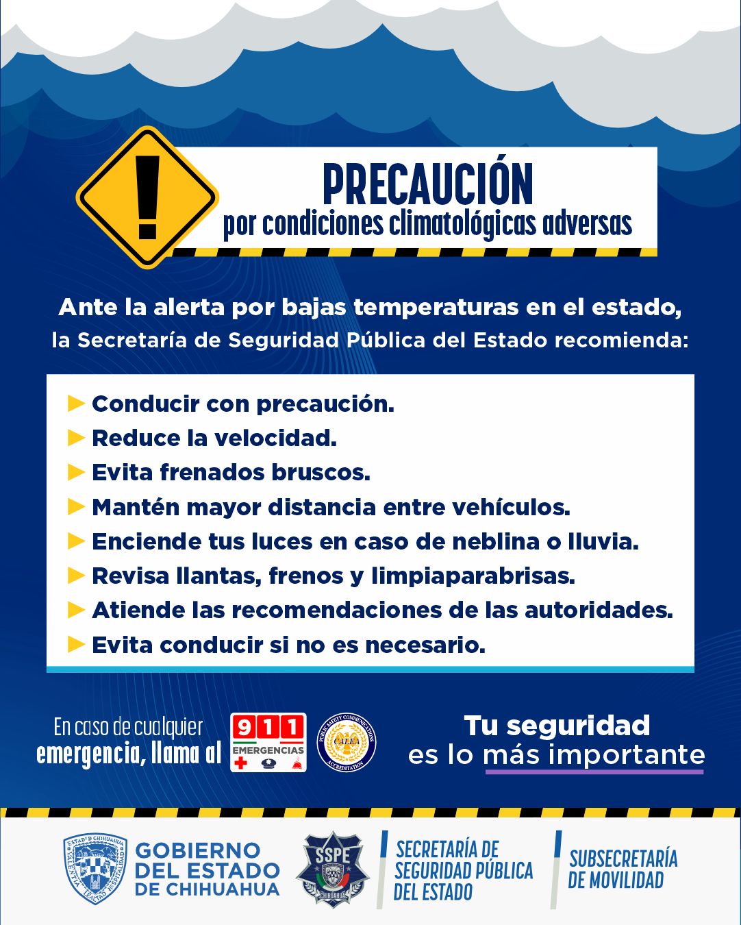 Exhorta SSPE a extremar precauciones viales ante el ingreso de un nuevo frente frío
