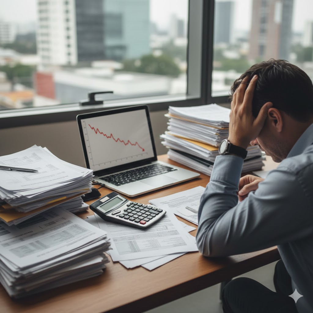 SAT congelar cuentas 2026: consecuencias reales por no pagar un crédito fiscal Persona revisando documentos fiscales preocupada por posible congelamiento de cuentas del SAT en 2026.