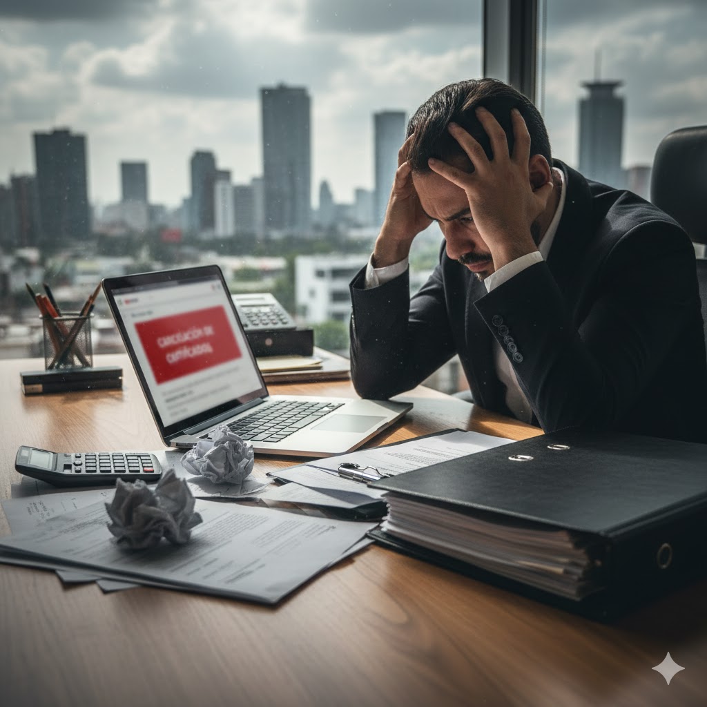 El SAT puede cancelarte los certificados en 2026 por “operaciones inexistentes”: así destruye tu facturación Empresario preocupado por cancelación de certificados del SAT por operaciones inexistentes en 2026.