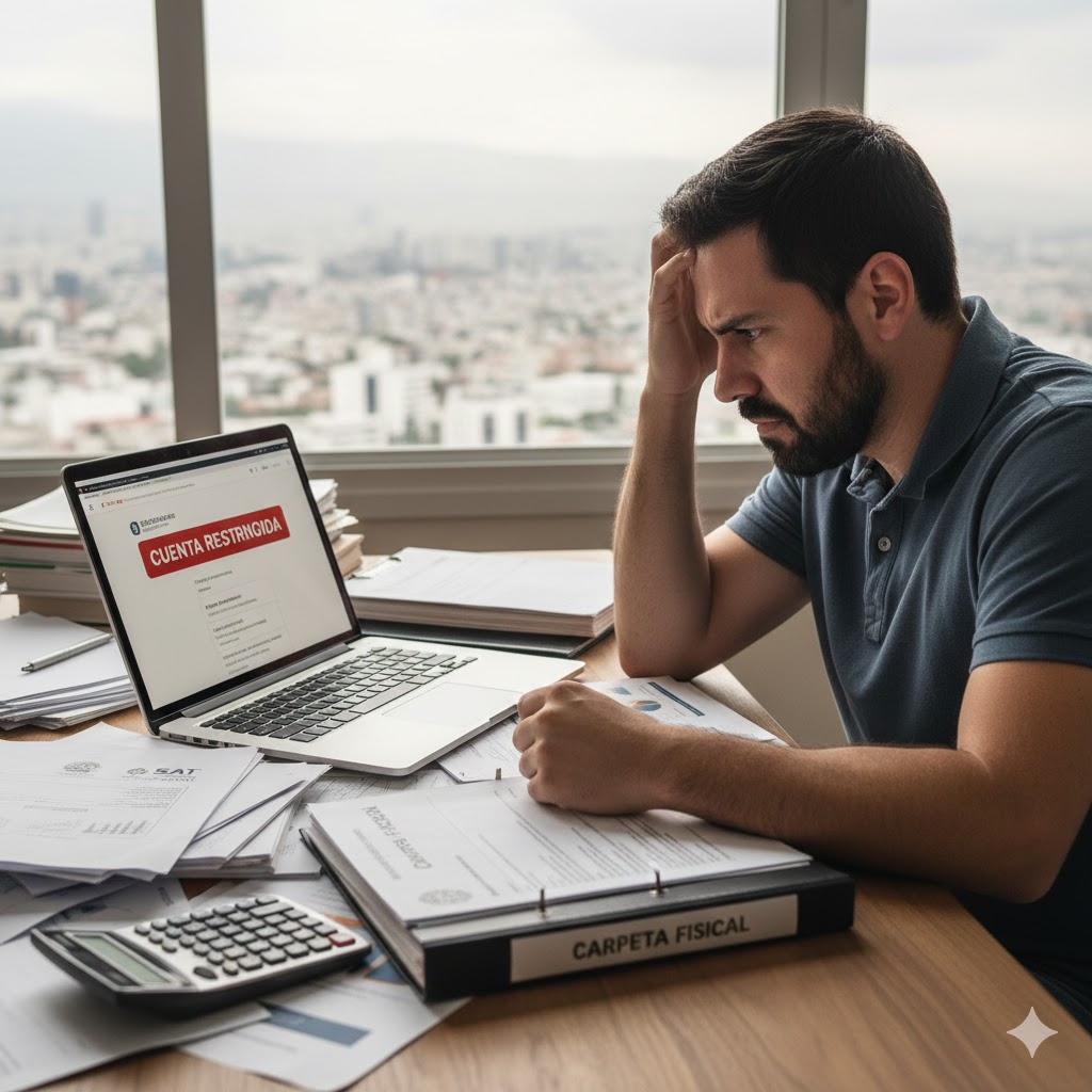 Embargo precautorio del SAT en 2026: cuándo pueden congelar tu cuenta sin previo aviso Empresario revisando cuenta bancaria congelada por embargo precautorio del SAT en 2026.