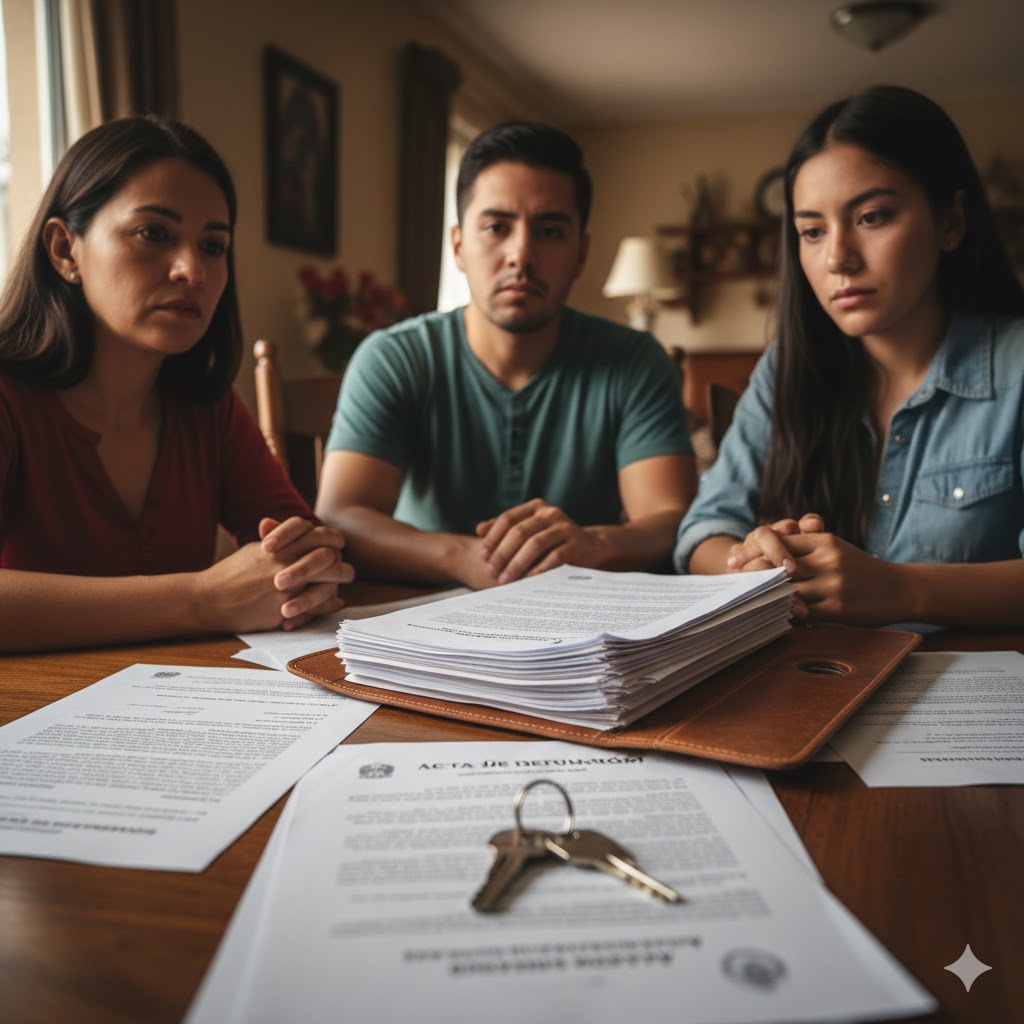 Si mueres sin testamento en 2026, tu casa puede quedar en juicio por años en Chihuahua Familia revisando documentos de herencia por fallecimiento sin testamento en Chihuahua 2026.