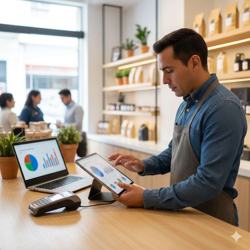 ¿Tu negocio todavía usa Excel? En 2026 podrías estar perdiendo dinero sin un sistema POS Dueño de pequeña empresa usando sistema POS en tablet dentro de tienda en México 2026.