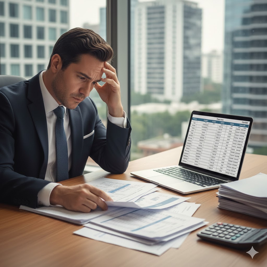 Multas del SAT por no presentar declaración anual 2026: lo que realmente puedes perder Empresario preocupado revisando documentos fiscales por multas del SAT en 2026.