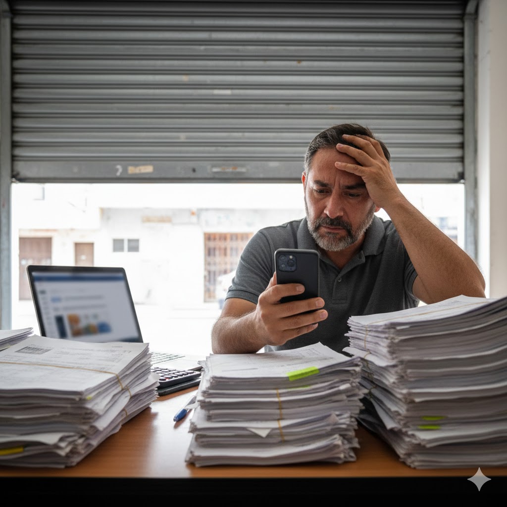 Opinión de cumplimiento negativa SAT 2026: causas, bloqueo de contratos y riesgo de embargo Dueño de negocio preocupado revisando opinión de cumplimiento negativa del SAT en 2026.