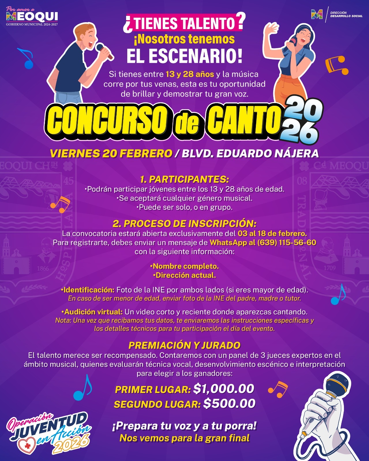 Invita Gobierno Municipal de Meoqui a jóvenes de 13 a 28 años a participar en concurso de Canto