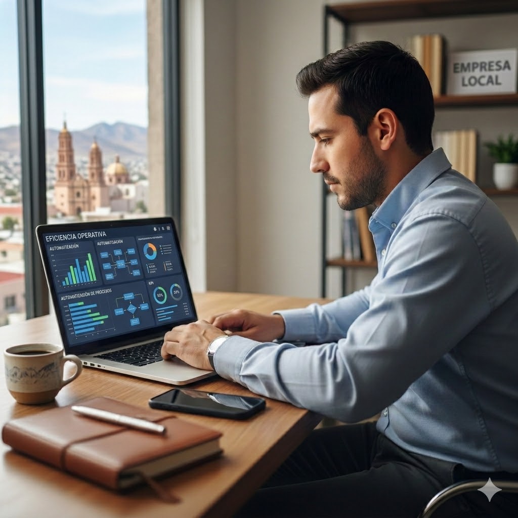Automatización negocio 2026: cómo reducir costos operativos sin contratar más personal Empresario mexicano revisando panel digital de automatización de procesos en negocio 2026