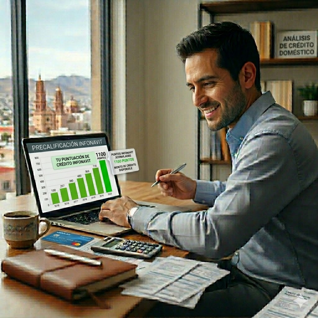 Precalificación Infonavit 2026: cuántos puntos necesitas y qué pasa si no te alcanza Trabajador consultando precalificación Infonavit 2026 en computadora portátil