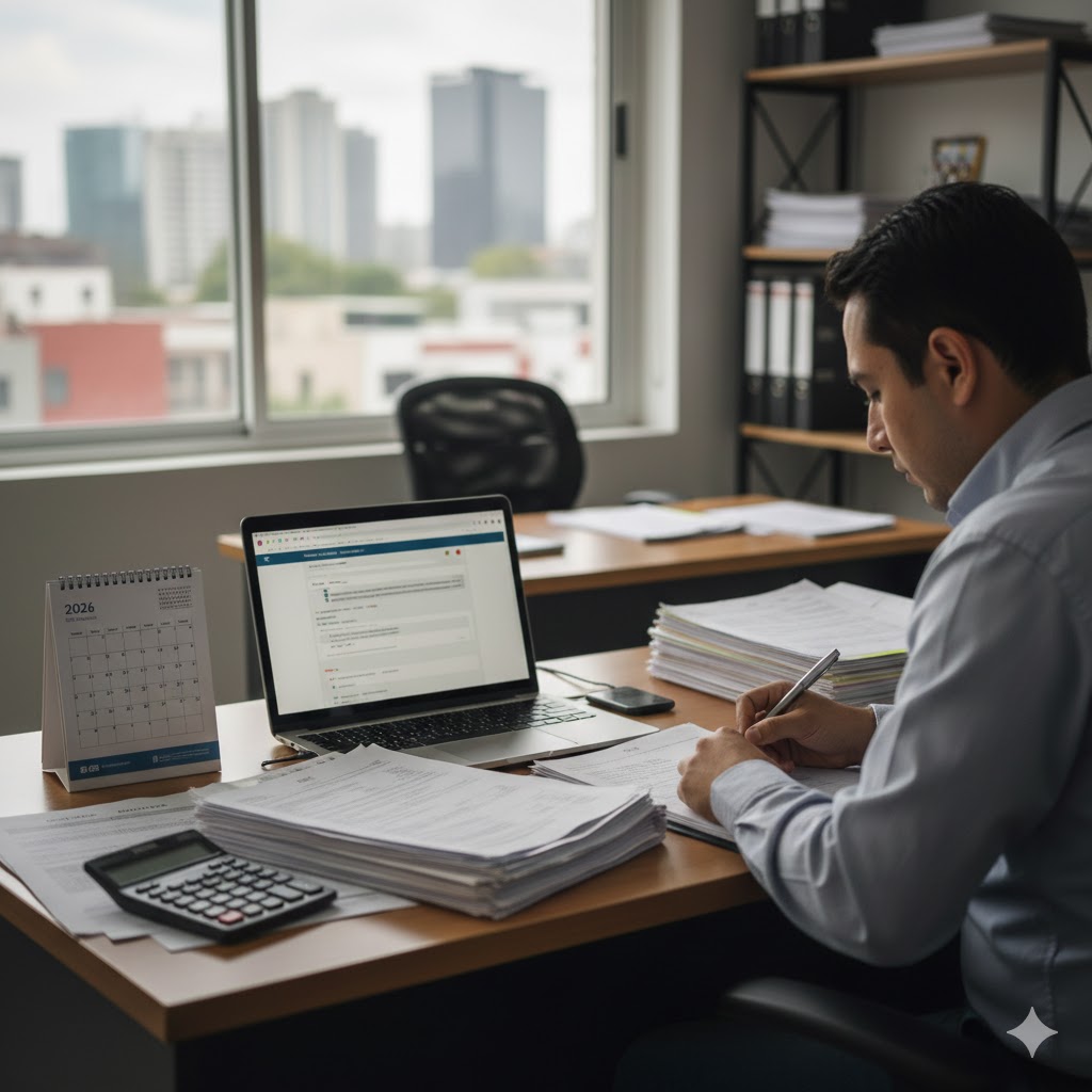 Consecuencias reales de no renovar tu e.firma antes de que venza en 2026: el bloqueo que paraliza tus trámites Persona revisando documentos fiscales en laptop antes de renovar la e.firma del SAT en 2026