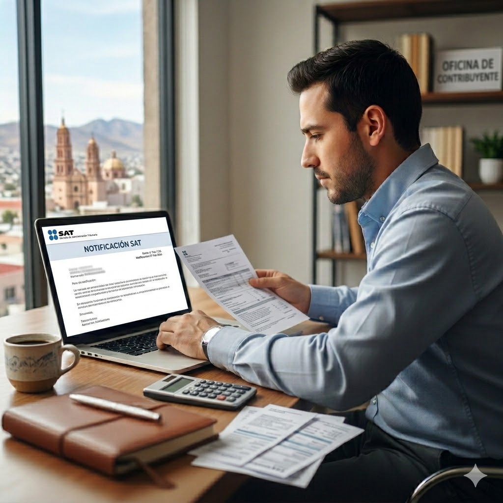 Qué pasa si no presento mi declaración anual 2026 ante el SAT: multas, recargos y embargo Contribuyente revisando notificación de declaración anual 2026 del SAT en computadora