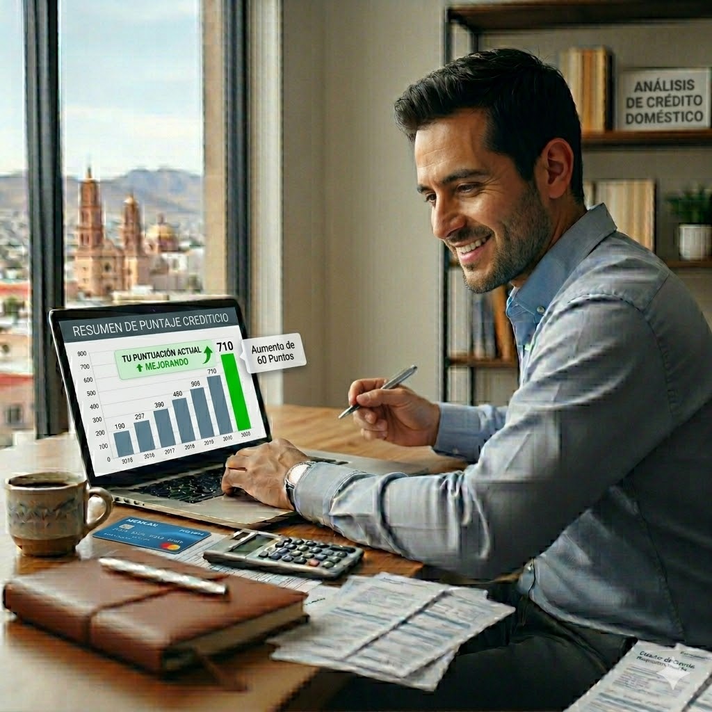 Score crediticio 2026: cómo subir tu puntaje en Buró de Crédito más rápido Persona revisando aumento de score crediticio 2026 en computadora portátil