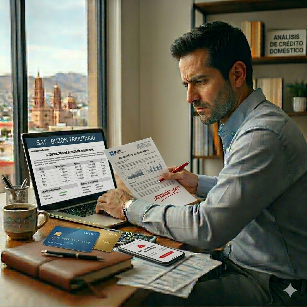 Auditoría SAT 2026: señales de alerta y qué pasa si no atiendes el requerimiento Persona revisando notificación de auditoría SAT 2026 en computadora
