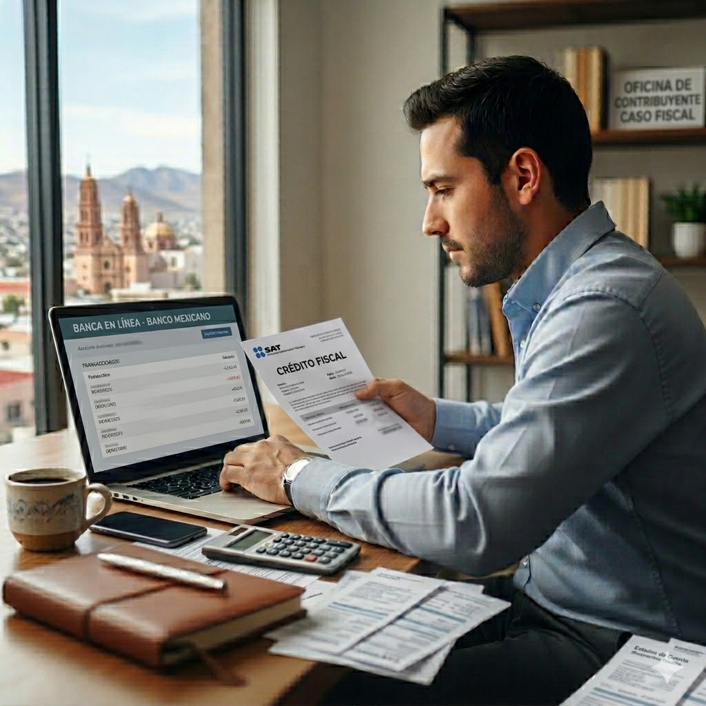 Crédito fiscal SAT 2026: qué es, cómo se determina y qué pasa si no lo pagas Documento oficial de crédito fiscal SAT 2026 sobre escritorio con papeles contables