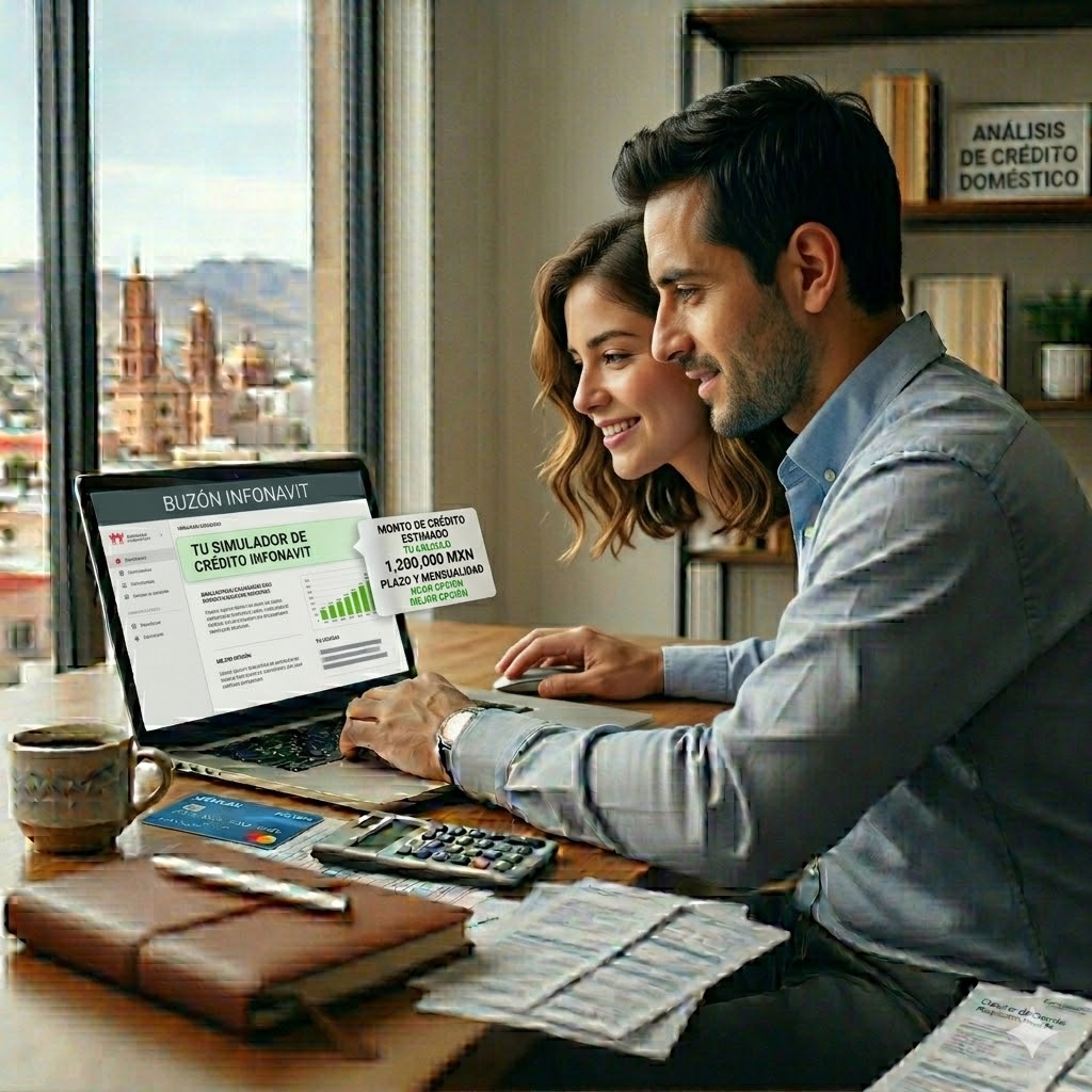 Crédito Infonavit 2026: cuánto te presta según tu salario y edad Pareja revisando simulador de crédito Infonavit 2026 en laptop