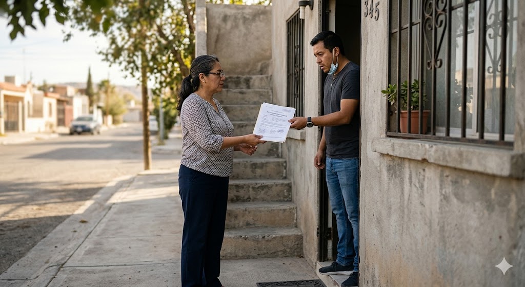 ¿Qué pasa si tu inquilino deja de pagar renta en 2026 en Chihuahua? Proceso legal y tiempos reales de desalojo Propietario en Chihuahua entregando notificación formal a inquilino por falta de pago de renta en 2026.