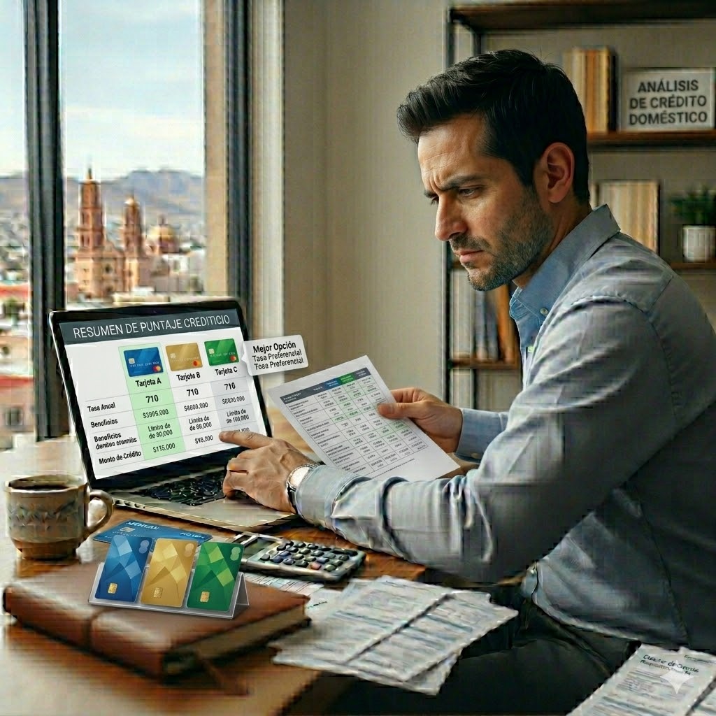 Mejores tarjetas de crédito 2026 en México: cuál conviene según tu perfil Persona comparando mejores tarjetas de crédito 2026 en México desde laptop