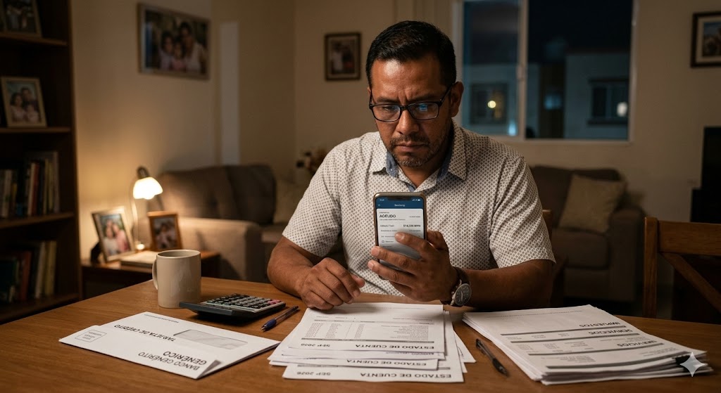 ¿Qué pasa si dejas de pagar tu tarjeta de crédito en 2026? Intereses, buró y riesgo legal Persona revisando deuda de tarjeta de crédito 2026 en aplicación bancaria desde su celular.