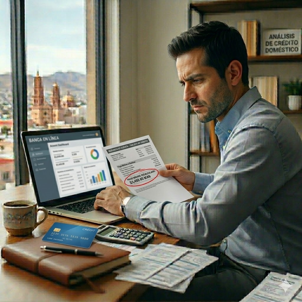 Pago mínimo tarjeta 2026: cuánto tardas en liquidar si solo pagas eso Estado de cuenta mostrando cálculo de pago mínimo tarjeta 2026 en computadora