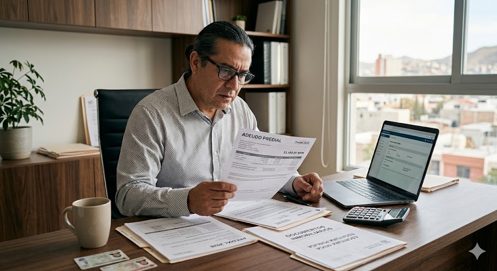 ¿Qué pasa si no pagas el predial en 2026 en Chihuahua? Recargos, multas y embargo Propietario en Chihuahua revisando notificación de adeudo predial 2026 en casa con documentos inmobiliarios.
