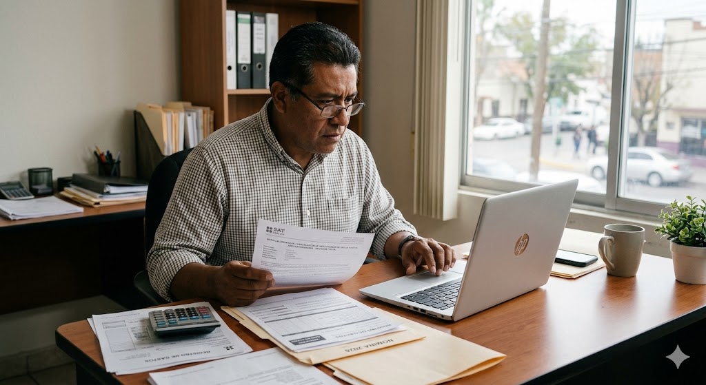 ¿Qué pasa si el SAT cancela tu sello digital en 2026? Consecuencias para facturación y operación Contribuyente mexicano revisando aviso del SAT sobre cancelación de sello digital 2026 en computadora portátil.