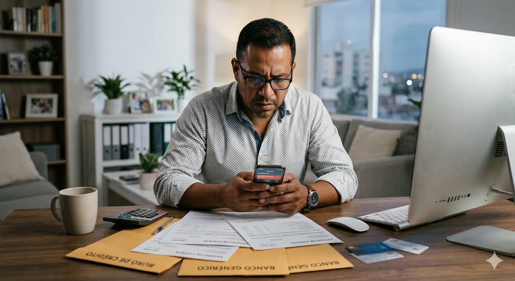 ¿Qué pasa si te reportan a Buró de Crédito en 2026? Tiempo, consecuencias y cómo afecta tu futuro financiero Persona revisando reporte negativo en Buró de Crédito 2026 desde laptop en escritorio doméstico.