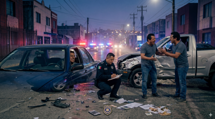 consecuencias de un choque en México 2026 con patrulla y vehículos dañados en avenida urbana