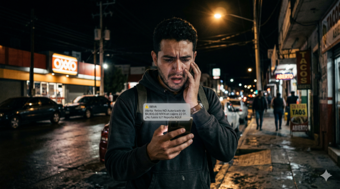 fraudes en México 2026 persona revisando cuenta bancaria con dinero robado en celular
