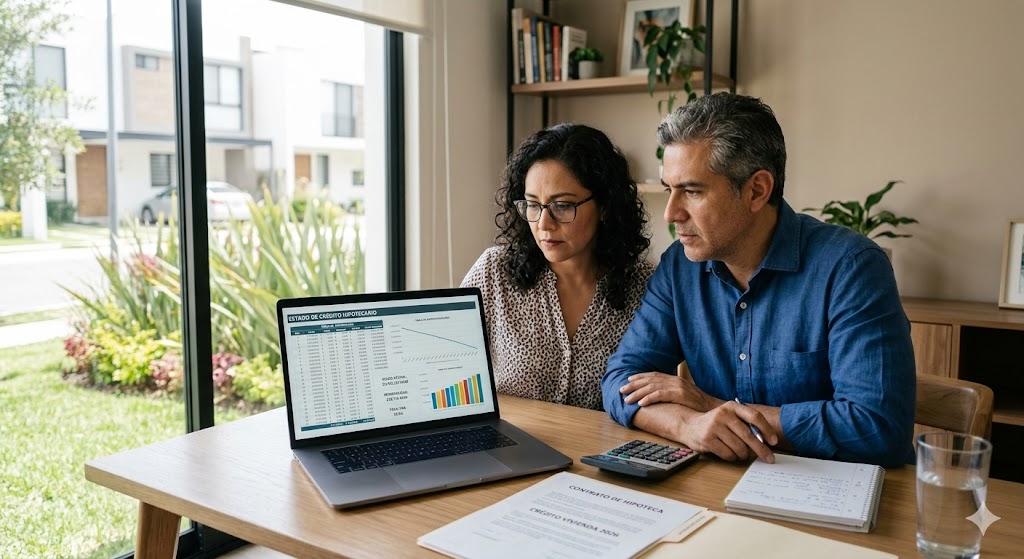 Qué pasa si dejas de pagar tu crédito hipotecario en 2026 en México ALT: Pareja mexicana revisando estado de crédito hipotecario en laptop con tabla de amortización visible en entorno residencial moderno 2026
