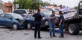 Embargo por accidente en México 2026: cuándo pueden quitarte bienes tras un choque consecuencias de un choque en México 2026 con patrulla y vehículos dañados en avenida urbana