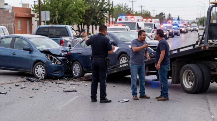 consecuencias de un choque en México 2026 con patrulla y vehículos dañados en avenida urbana
