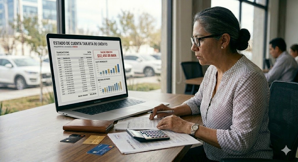Qué pasa si dejas de pagar tu tarjeta de crédito varios meses en 2026 Persona mexicana revisando deuda vencida de tarjeta de crédito en laptop con expresión de preocupación 2026