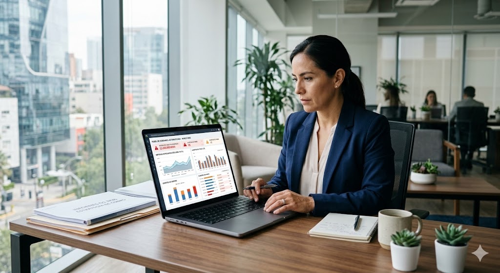 Cuánto dinero pierde tu empresa por no automatizar la cobranza en 2026 Gerente financiero mexicano revisando sistema automatizado de cobranza con alertas de pagos vencidos 2026