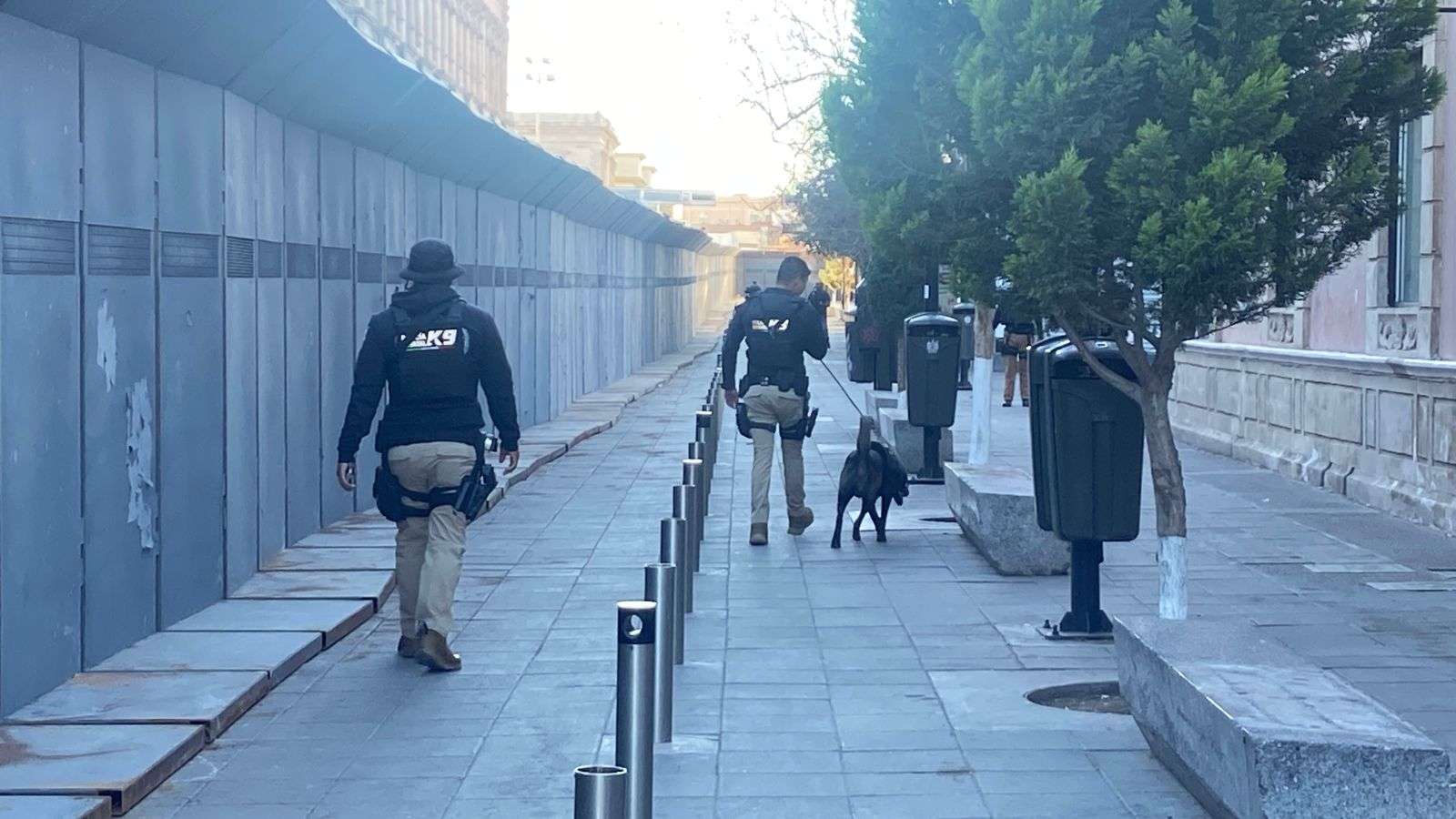 Por la Marcha del 8M: Binomios caninos revisan vallas del Palacio de Gobierno